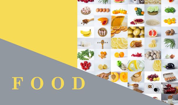 Kolaż zdjęć żywności. Jest miejsce na tekst lub logo. Zdrowe i smaczne jedzenie - Zdjęcie, obraz