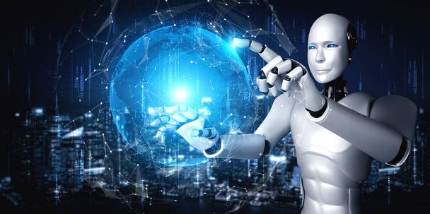 AI humanoïde robot aanraken hologram scherm toont concept van wereldwijde communicatie - Foto, afbeelding