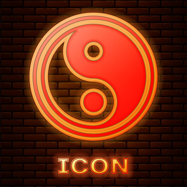 Brilhante néon Yin Yang símbolo de harmonia e equilíbrio ícone isolado no fundo da parede de tijolo. Ilustração vetorial. - Vetor, Imagem