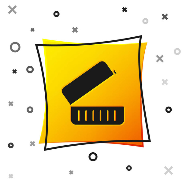Black Lunch box icon isolated on white background. Yellow square button. Vector Illustration. - Vector, Image