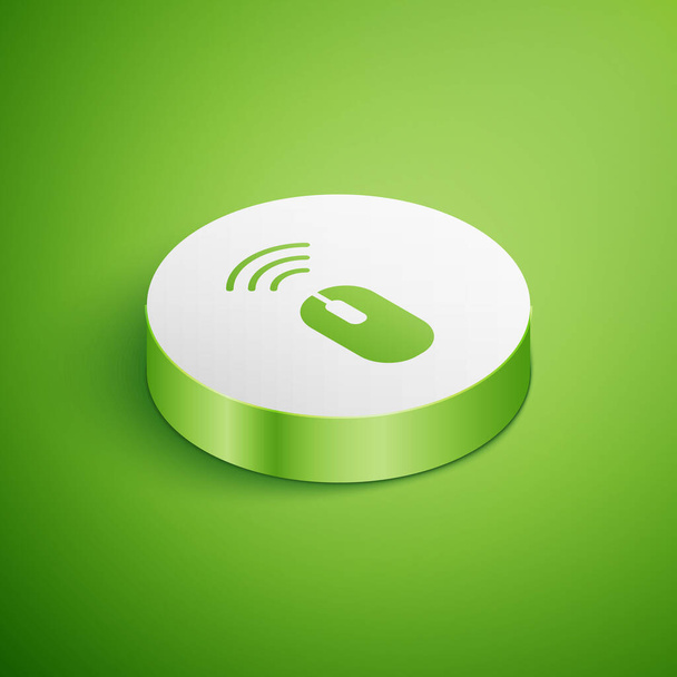 アイソメトリックワイヤレスコンピュータのマウスシステムのアイコンは、緑の背景に隔離された。ワイヤレス接続で物事の概念のインターネット。白い丸ボタン。ベクトル. - ベクター画像