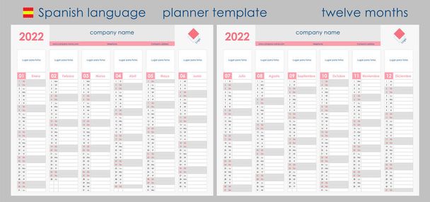 2022 Planner Calendar. Wall organizer, yearly planner template. Vector illustration. Vertical months. Two boards. Set of 12 months. Clear design. Spanish language. Copy space for graphic or picture. - Vector, Image