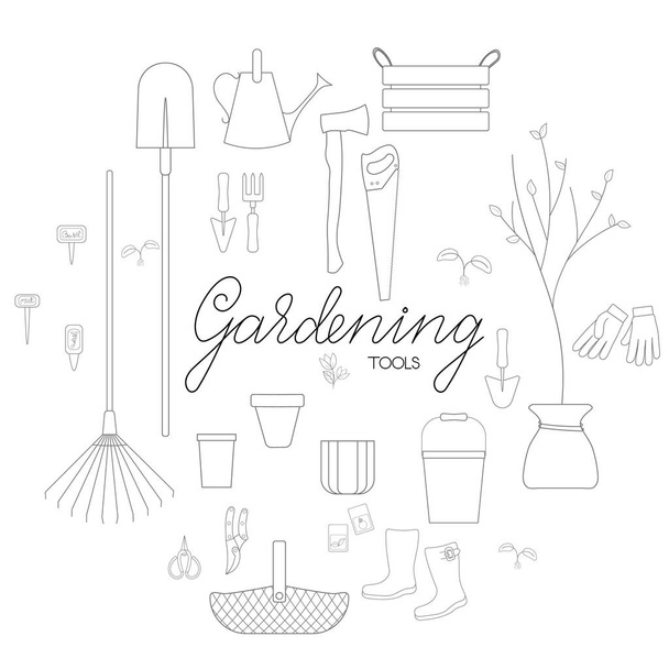 Outils de jardinage bannière contour simple minimaliste dessin plat vectoriel illustration isolée sur fond blanc - Vecteur, image