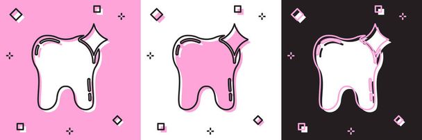 Установите значок концепции отбеливания зубов, выделенный на розовом и белом, черном фоне. Символ зуба для стоматологической клиники или стоматологического медицинского центра. Вектор. - Вектор,изображение