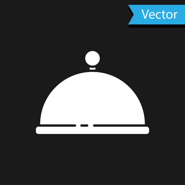 White Covered with a tray of food icon isolated on black background. Tray and lid. Restaurant cloche with lid. Kitchenware symbol.  Vector. - Vector, Image