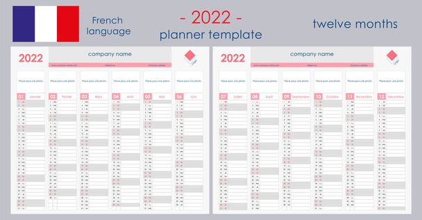 2022 Planner Calendar. Wall organizer, yearly planner template. Vector illustration. Vertical months. Two boards. Set of 12 months. Clear design. French language. Copy space for graphic or picture. - Vector, Image