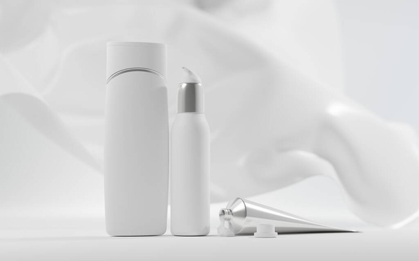 Milk cosmetics on background falling silk cloth. Skin care cosmetic product, shampoo, body lotion in white bottle with silver dispenser, metal open tube with hand cream or toothpaste, mock up banner - Foto, Imagen