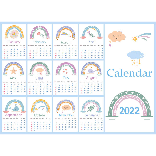 Un calendario in stile boho per il 2022 con arcobaleni astratti. Adatto per decorare una stanza per bambini o una camera da letto - Vettoriali, immagini