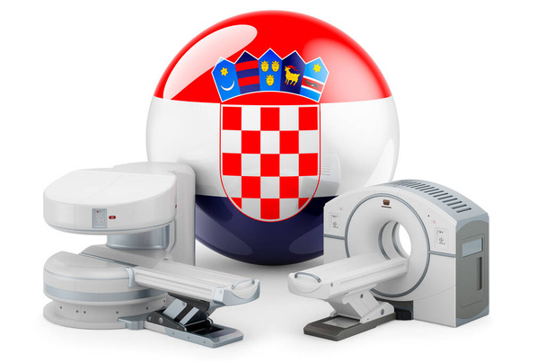 Hırvatistan 'daki MRI ve CT Teşhis ve Araştırma Merkezleri. Hırvat bayrağı taşıyan MRI makinesi ve CT tarayıcısı, beyaz arkaplanda 3 boyutlu görüntüleme - Fotoğraf, Görsel