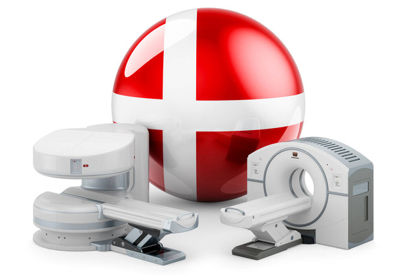 MRI ve CT Teşhis, Danimarka 'daki Araştırma Merkezleri. Danimarka bayrağı taşıyan MRI makinesi ve CT tarayıcısı, beyaz arkaplanda 3D görüntüleme - Fotoğraf, Görsel
