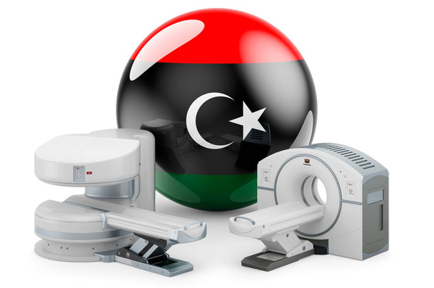 RM e TAC diagnostica, centri di ricerca in Libia. Macchina MRI e scanner CT con bandiera libica, rendering 3D isolato su sfondo bianco - Foto, immagini