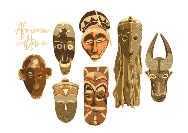 Collection of african woodenn ritual masks isolated on white background. - Vector, Image