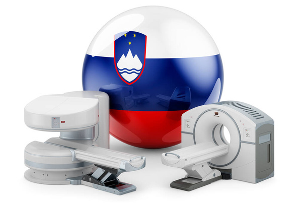 RM e TC Diagnostica, Centri di ricerca in Slovenia. Macchina MRI e scanner CT con bandiera slovena, rendering 3D isolato su sfondo bianco - Foto, immagini