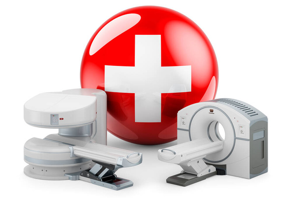 RM e TAC, Centri di ricerca in Svizzera. Macchina MRI e scanner CT con bandiera svizzera, rendering 3D isolato su sfondo bianco - Foto, immagini