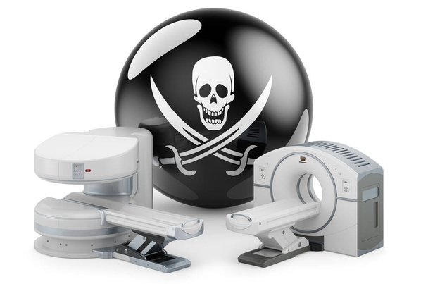 MRI Machine and CT scanner with piracy flag, 3D rendering isolated on white background - Photo, Image