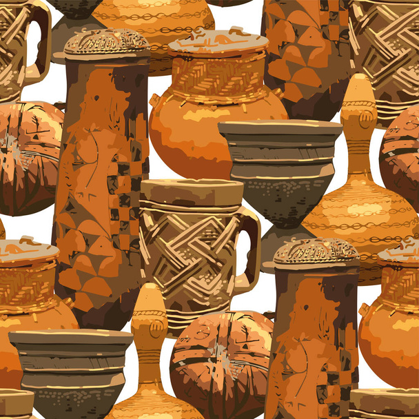 Płynny wzór tradycyjnych afrykańskich wazonów vintage. - Wektor, obraz