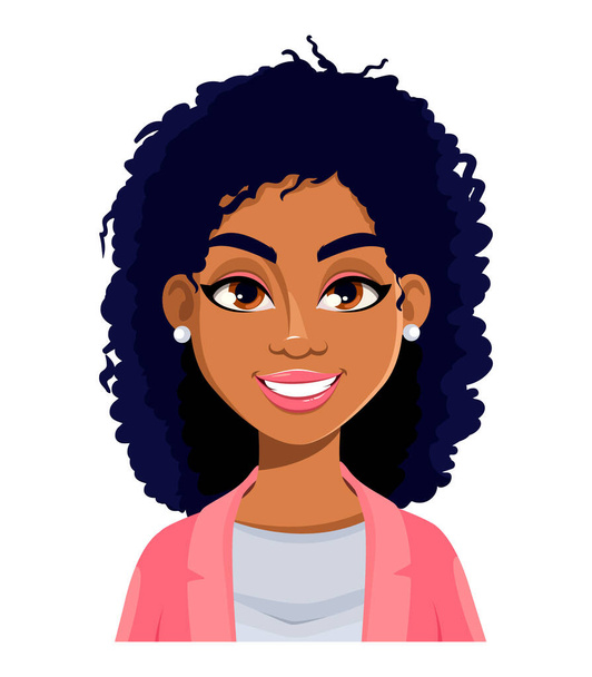 Expressão de cara de mulher afro-americana bonita, alegre. Emoção feminina. Personagem de desenho animado bonito em estilo plano. Usável para avatar, emoticon etc. Ilustração vetorial - Vetor, Imagem