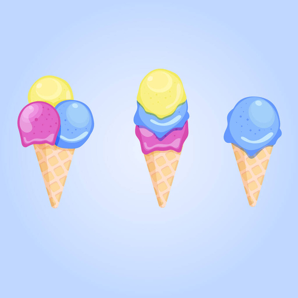 アイスクリームセット。ボール付きのアイスクリームサンデー。夏と暑さ。ポスター、バナー、ポスター、アイスクリーム。サマーカフェ - ベクター画像