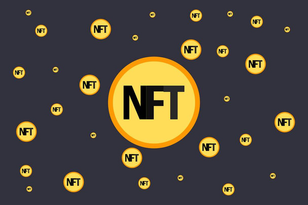 NFT fichas no fungibles infografías con monedas isométricas de oro sobre fondo oscuro. Paga por objetos de colección únicos en el arte o los juegos. Ilustración vectorial. - Vector, Imagen