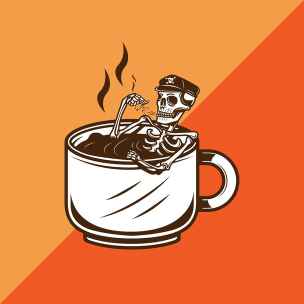 calavera empapándose en una taza de café mientras fuma cigarrillo. ilustración vectorial - Vector, Imagen