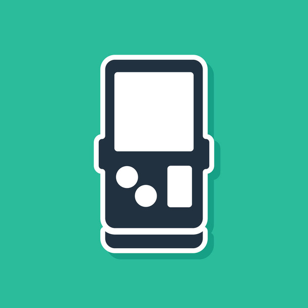 Azul portátil tetris icono del juego electrónico aislado sobre fondo verde. Estilo vintage juego de ladrillo de bolsillo. Dispositivo de reproducción interactivo. Vector. - Vector, imagen