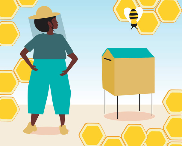 Biyosferdeki arılar, böcek koruması. Düz vektör stok çizimi. Arı kovanındaki afro kadın arı yetiştiricisi. Bir tür olarak arılar. Eko bal üretimi. Vektör grafikleri - Vektör, Görsel