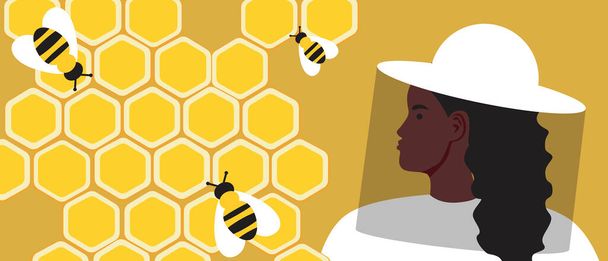 Afro γυναίκα μελισσοκόμος, αντίγραφο του προτύπου χώρο. Επίπεδη διανυσματική απεικόνιση απόθεμα. Μελισσοκομία στην Αφρική. Χόνικκομπ με μέλι ως μέρος για κείμενο. Μελισσοκομείο. Εικονογράφηση για επικάλυψη - Διάνυσμα, εικόνα