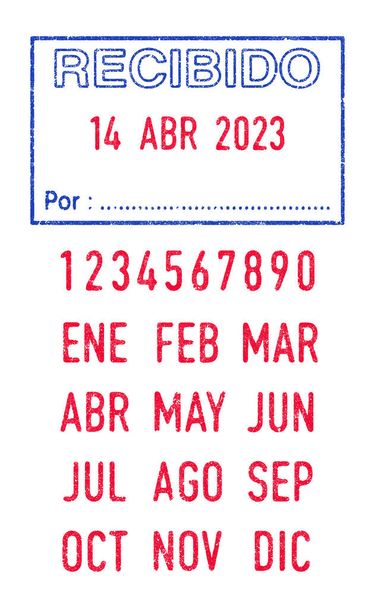 Vector illustration of the Spanish words Recibido (Received) and Por (By) in blue ink stamp and editable dates (day, month and year) in red ink stamps - Vector, Image