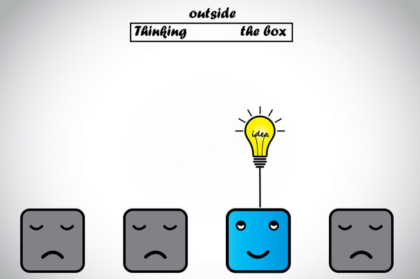 boldog szakmai gondolkodó kívül a doboz lesz villanykörte ötlet. kék riasztási okos szakmai gondolkodás egy innovatív fényes ragyogó ötlet más szomorú jelöltet nem hiszem - ötlet koncepció - Vektor, kép