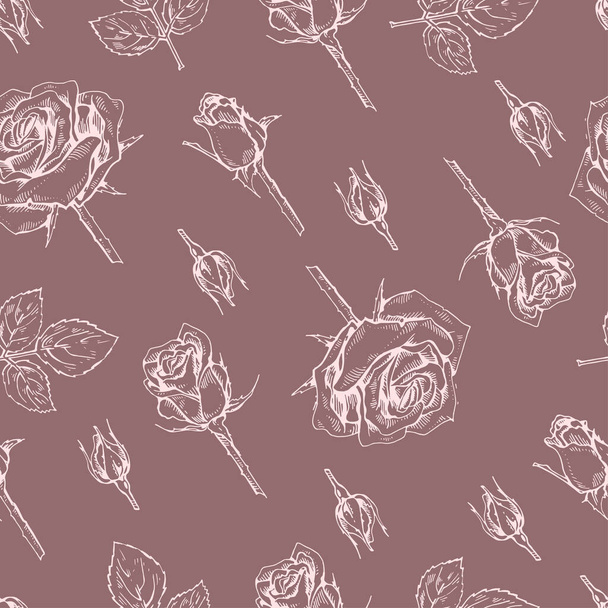 Seamless Pattern with Roses . Detailed hand-drawn sketches, vector botanical illustration. - Vektör, Görsel