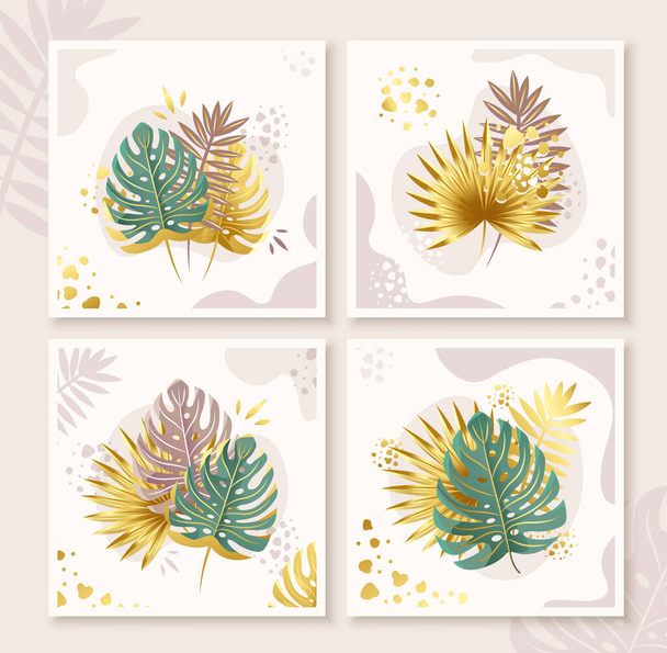 Set von Vektorquadraten-Illustrationen. Bouquet aus trendigen goldenen tropischen Blättern auf abstraktem Hintergrund. - Vektor, Bild