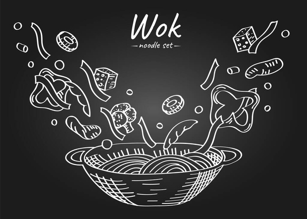 Χειροποίητη απεικόνιση πολύχρωμων ιπτάμενων νούντλς με κομμάτια κοτόπουλου και λαχανικών σε ένα τηγάνι wok σε περίγραμμα. - Διάνυσμα, εικόνα
