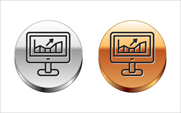 Black line Computer with stocks market growth graphs and money icon isolated on white background. Monitor with stock charts arrow on screen. Silver-gold circle button. Vector. - Vector, Image