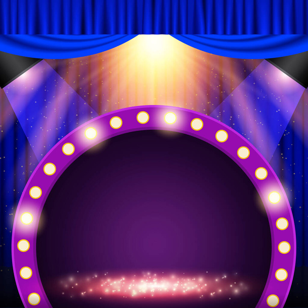 Leuchtender abstrakter Hintergrund mit blauen Scheinwerfern, Podest und Retro-Banner. Design für Präsentation, Konzert, Show. Vektorillustration - Vektor, Bild