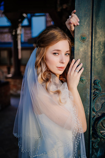 gentle bride in white dress stands by Beautiful black metal gates in retro style - Zdjęcie, obraz