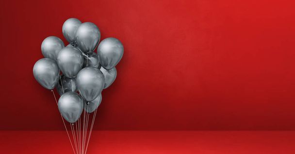 Silver balloons bunch on a red wall background. Horizontal banner. 3D illustration render - Fotó, kép