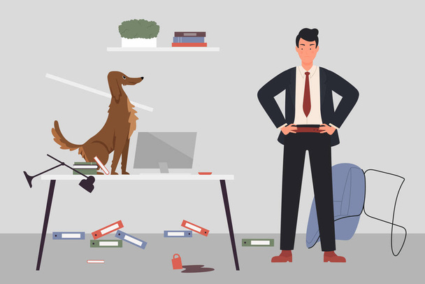 Проблема плохого поведения собаки питомца, игривая собака играет, сидя на столе, сломанная мебель - Вектор,изображение