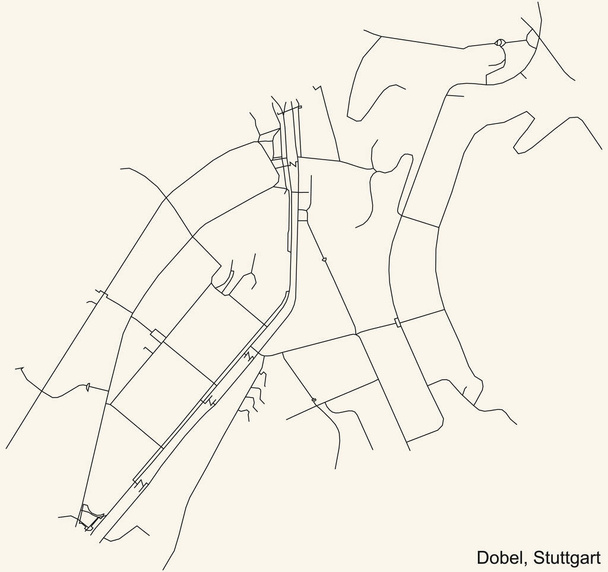 Negro simple y detallado mapa de carreteras en el fondo beige vintage del barrio Dobel del distrito Mitte de Stuttgart, Alemania - Vector, imagen