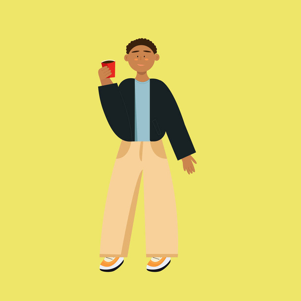 Afro american black skin boy stands with a plastic glass and smiles. Man with subject vector flat illustration - Vector, Image