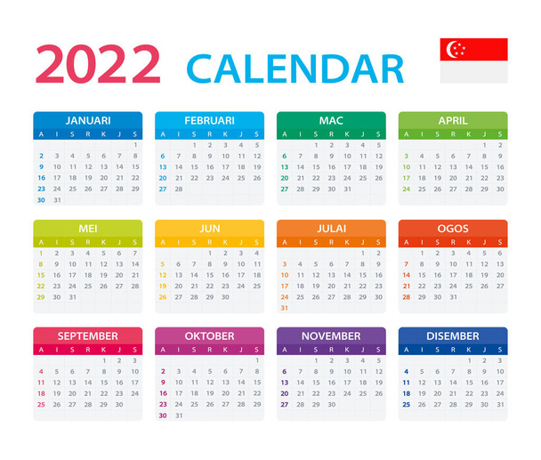 Wektorowy szablon koloru 2022 kalendarz - wersja singapurska - Wektor, obraz
