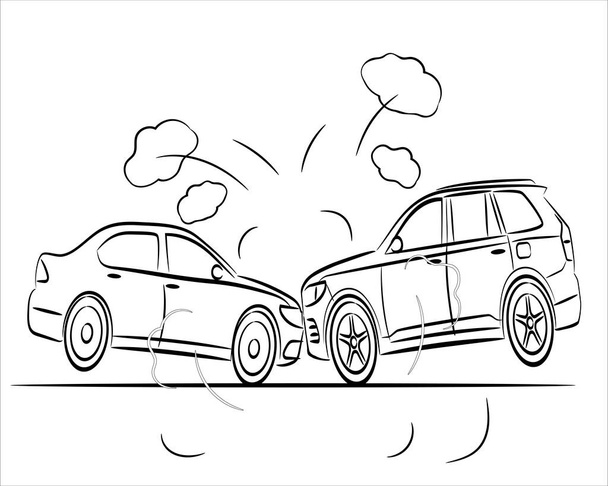 Autóbaleset koncepció illusztráció. Szedán és SUV autó elvont sziluett fehér háttér - Vektor, kép
