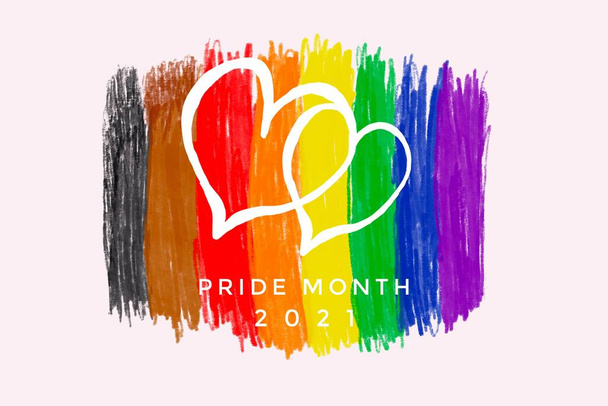 Dessin des couleurs arc-en-ciel et du cœur avec des textes "Mois de la fierté 2021", concept pour le mois de la fierté de la communauté LGBTQ +. - Photo, image