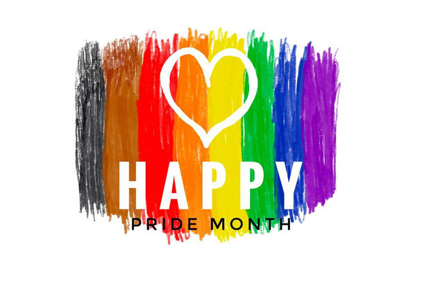 Σχέδιο των χρωμάτων ουράνιο τόξο και την καρδιά με κείμενα "Happy Pride Month", έννοια για ΛΟΑΤΚΙ + κοινότητα σε μήνα υπερηφάνειας. - Φωτογραφία, εικόνα