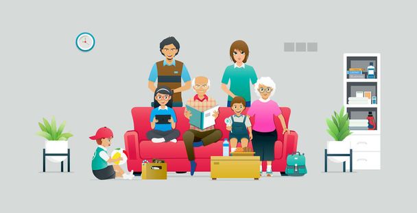 Una grande famiglia ha membri seduti su un divano su uno sfondo grigio. - Vettoriali, immagini