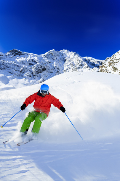 Ski, Skier, Freeride in fresh powder snow - man skiing downhill - Photo, Image