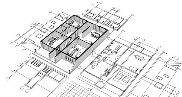 dom plan architektoniczny szkic 3d ilustracja - Zdjęcie, obraz
