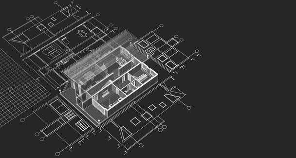 家の計画建築スケッチ3Dイラスト - 写真・画像