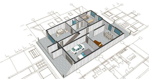 plano de la casa dibujo arquitectónico 3d ilustración - Foto, Imagen