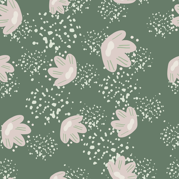 Seamless pattern with random grey flowers in kids style print. Pastel green background with splashes. Designed for fabric design, textile print, wrapping, cover. Vector illustration. - Vector, Imagen