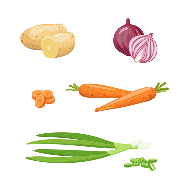 Σετ ολόφρεσκων και μισών λαχανικών. Κρεμμύδια κόκκινα και πράσινα, καρότο, πατάτες. - Διάνυσμα, εικόνα